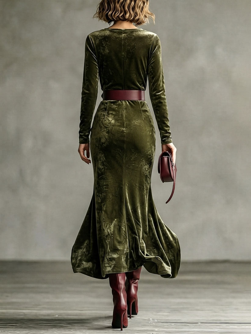 Fabrizia | Abito Maxi in Velluto a Maniche Lunghe a Sirena