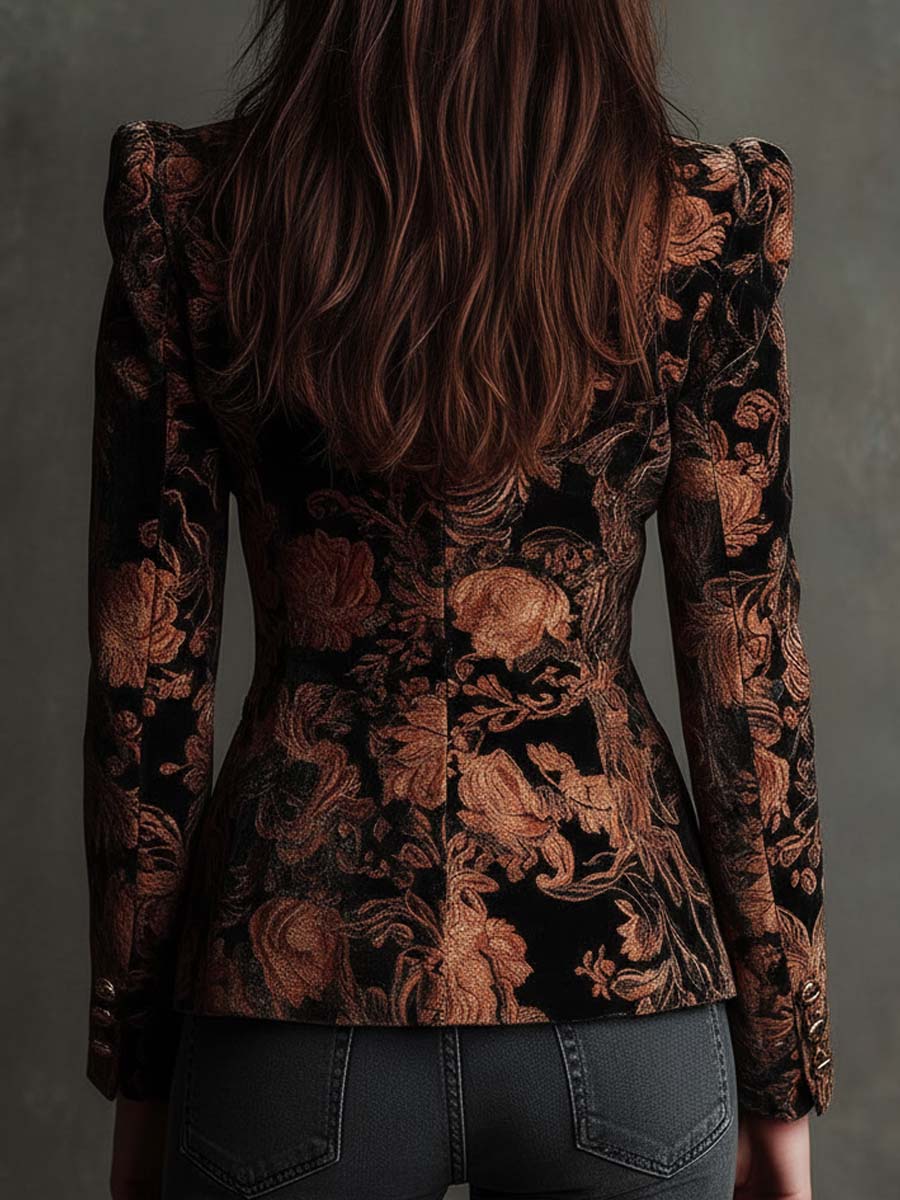 Gloria | Blazer Tailleur Stampato Floreale Nero e Bronzo
