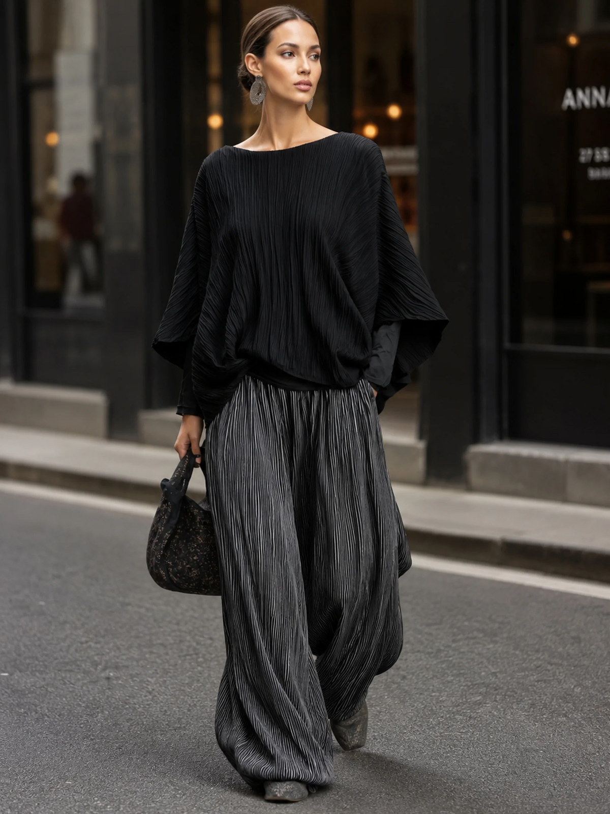 Vincenza | Set di Top a Manica Larga Plissettato e Pantaloni a Gamba Larga