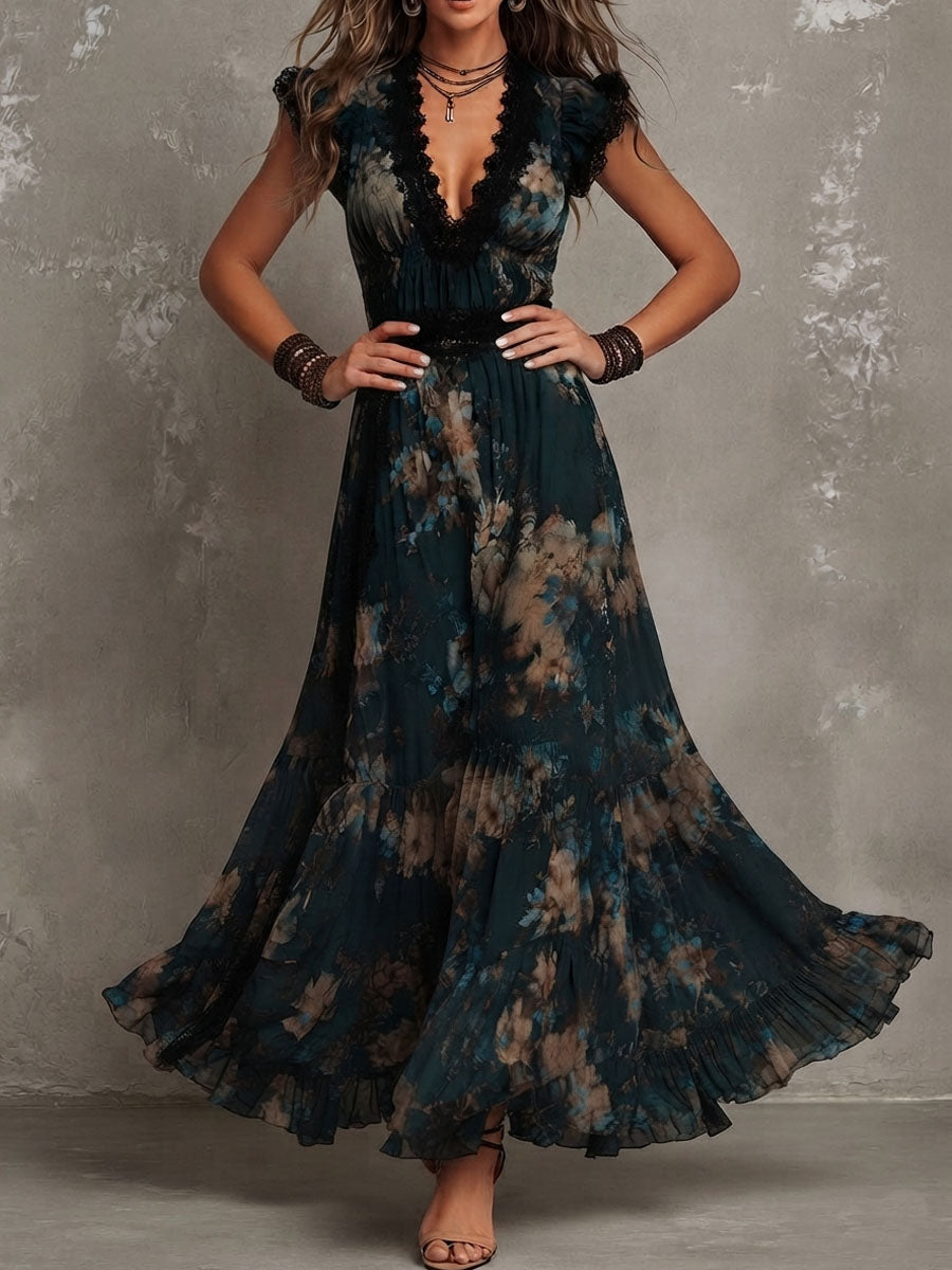 Rosangela | Abito maxi in chiffon vintage verde scuro con pizzo floreale
