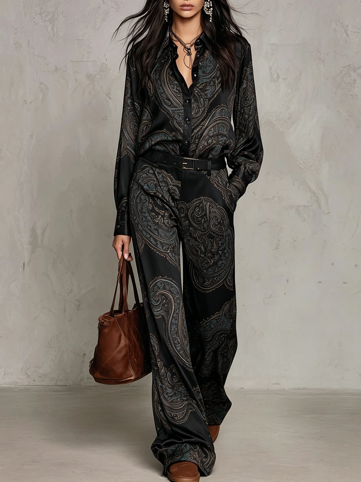 Completo di Camicia a Maniche Lunghe in Satin con Stampa Nero e Pantaloni a Gamba Larga