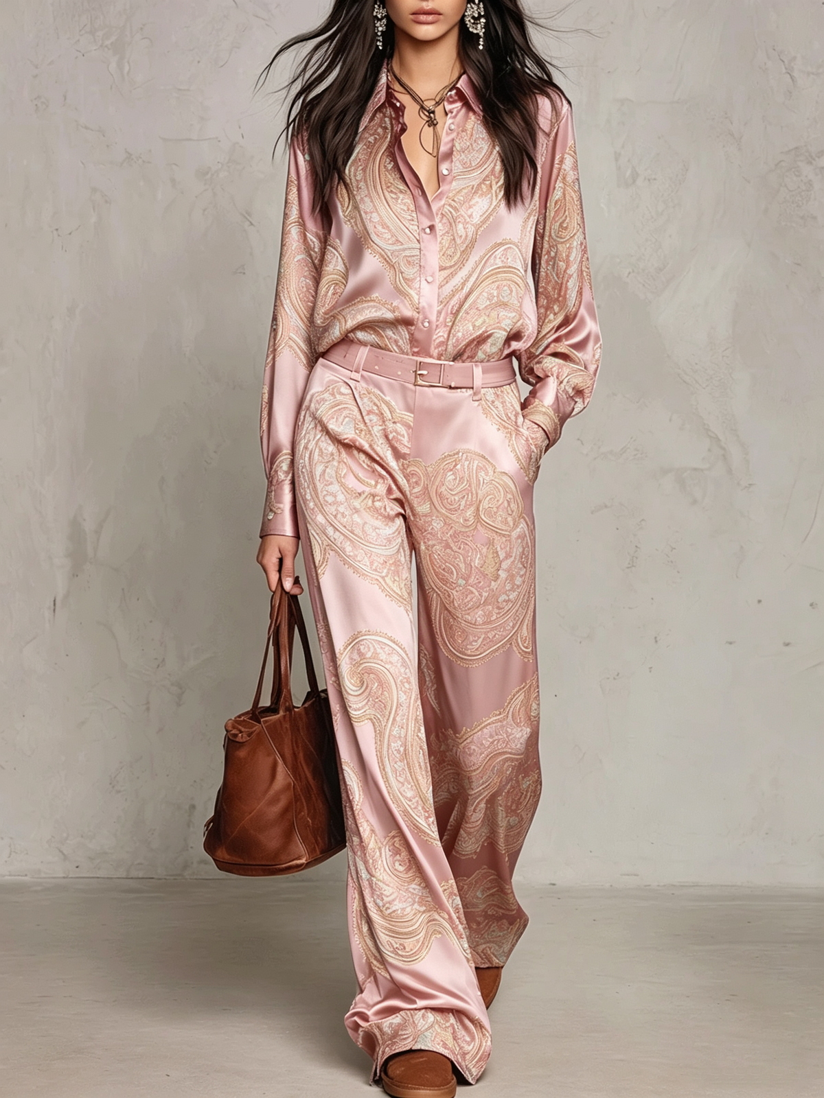 Doriana | Completo di Camicia a Maniche Lunghe in Satin con Stampa Paisley Borgogna-Porpora e Pantaloni a Gamba Larga