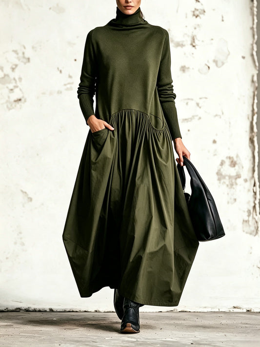 Fiorenza | Abito Maxi Oversize Nero con Collo Alto e Dettaglio Tasche