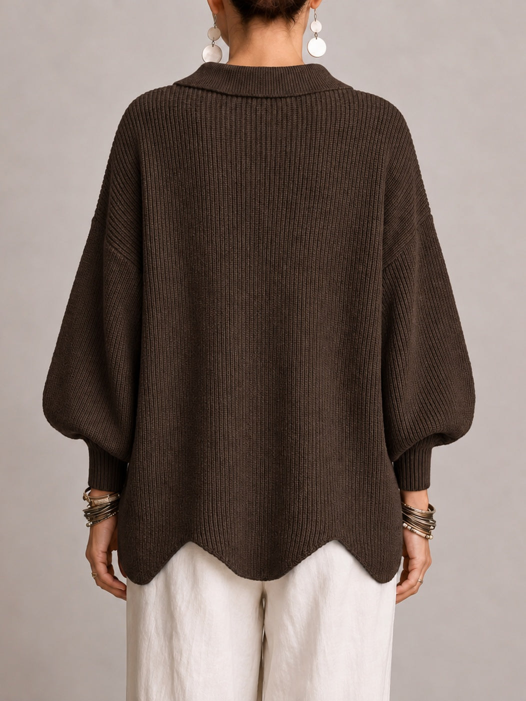 Graziella | Cardigan Oversize a Coste con Orlo Smerlato, Marrone Cioccolato