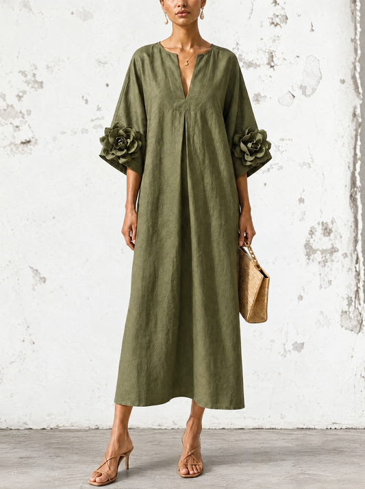 Graziella | Abito Midi Verde Oliva con Scollo a V e Maniche Floreali Stravaganti