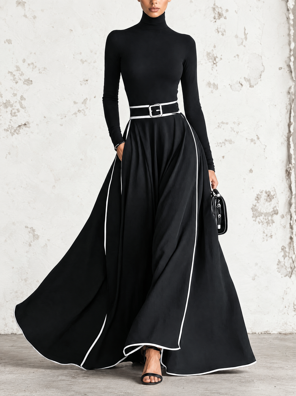 Nicoletta | Abito Maxi Donna Nero con Cuciture Bianche e Collo Alto, Maniche Lunghe, Vita Sottile