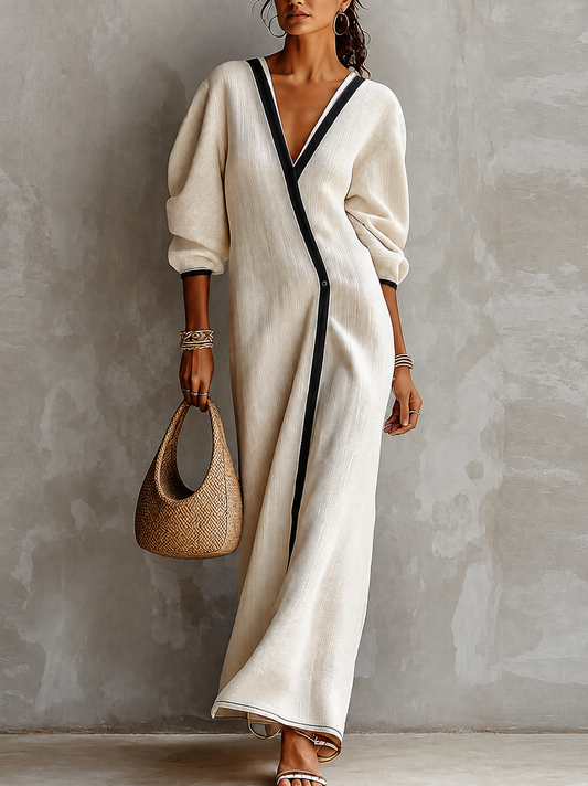 Abito Maxi Donna in Lino Beige con Scollo a V e Maniche a Lanternino con Rifiniture Nere