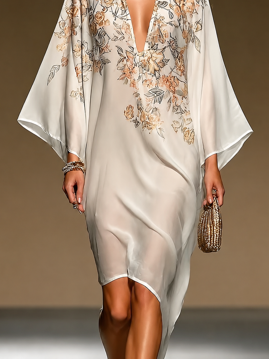 Abito Caftano in Chiffon Beige con Stampa Floreale, Scollo a V Profondo, Manica a Pipistrello, Orlo Asimmetrico, Abito Midi Fluido